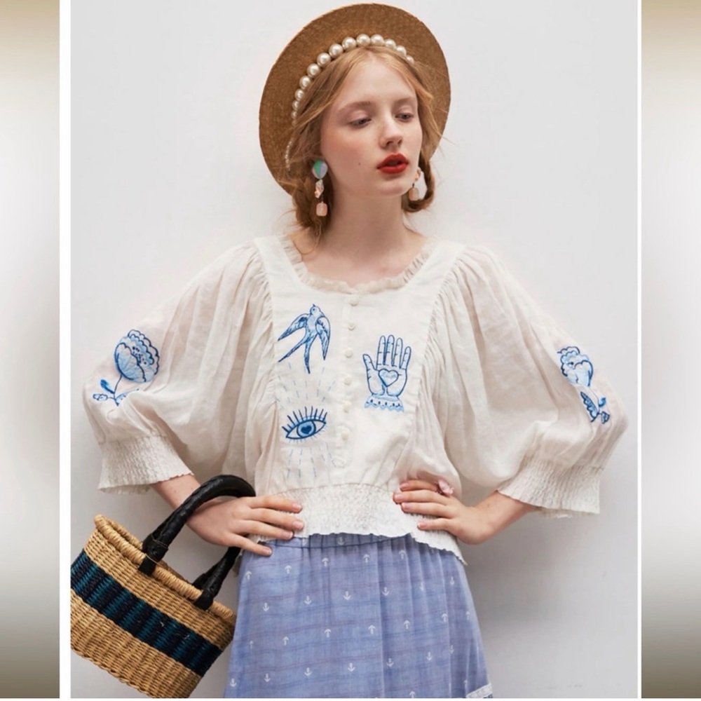 Unlogical Poem Silk Ramie Hand Embroidered Batwing Sleeve Ruffle Top